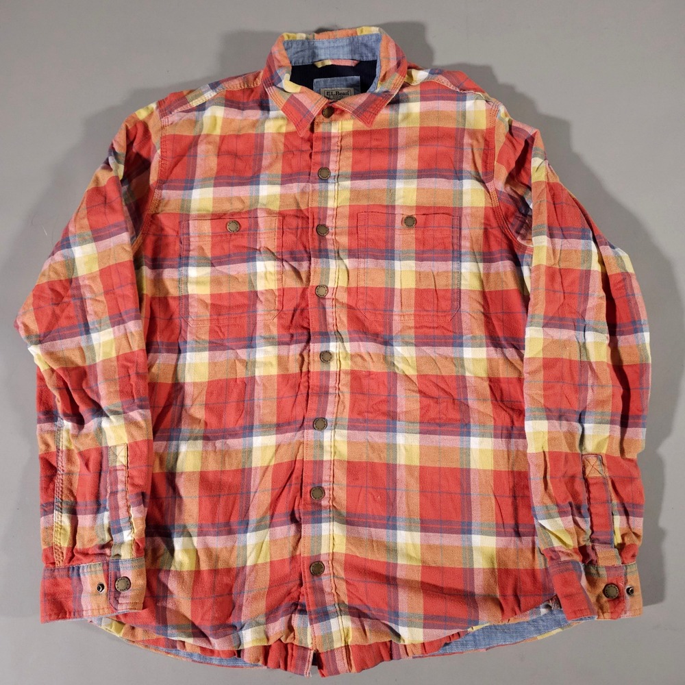 L.L.Bean Flannel Shirt‎ Jacket Mens M-Tall Red Plaid Lined Snap Front 516992
